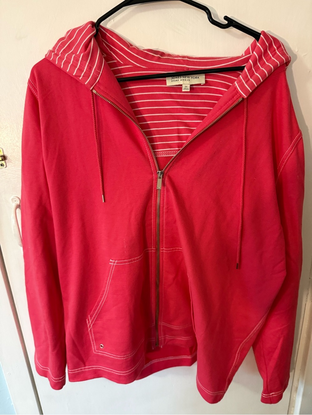Jones New York Red Zip-Up Hoodie with Striped Lining